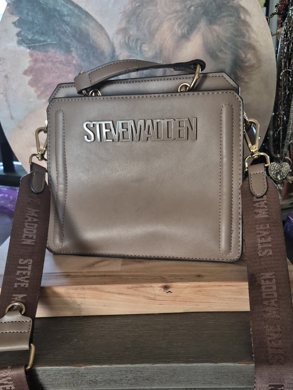 Steve Madden Taupe Cream Logo Boxy Crossbody Bag